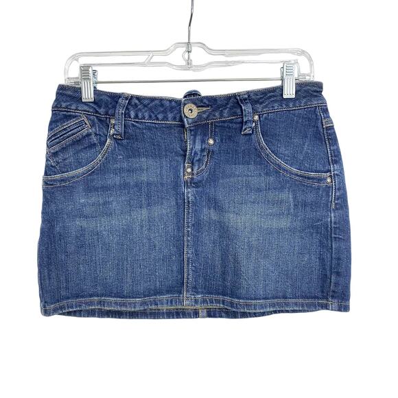 Sandia Jeans Mini Skirt Juniors 7 Blue Denim Stretch Embroidered Back Pockets - Picture 1 of 14